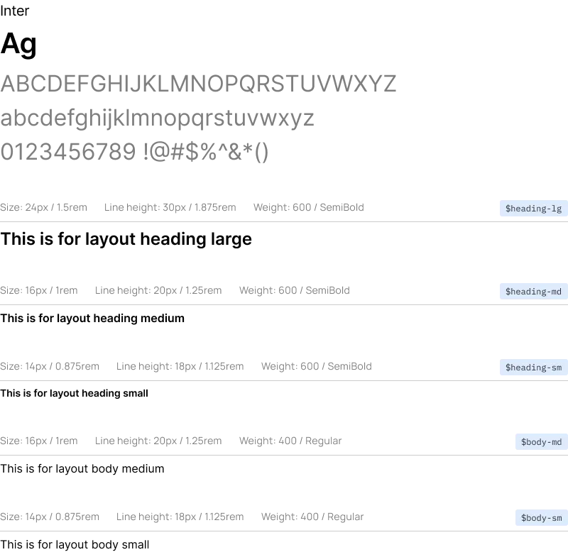 Typography scale showing different heading and body text styles labeled with variable names: $heading-lg, $heading-md, $heading-sm, $body-md, and $body-sm.