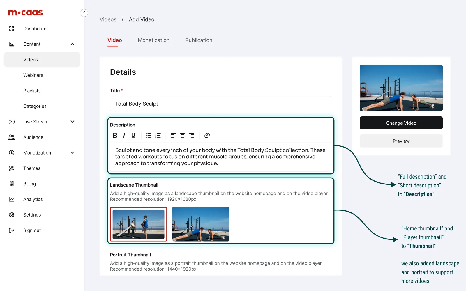 Video upload interface showing 'Total Body Sculpt' title, description input, and landscape thumbnail selection with fitness workout images.